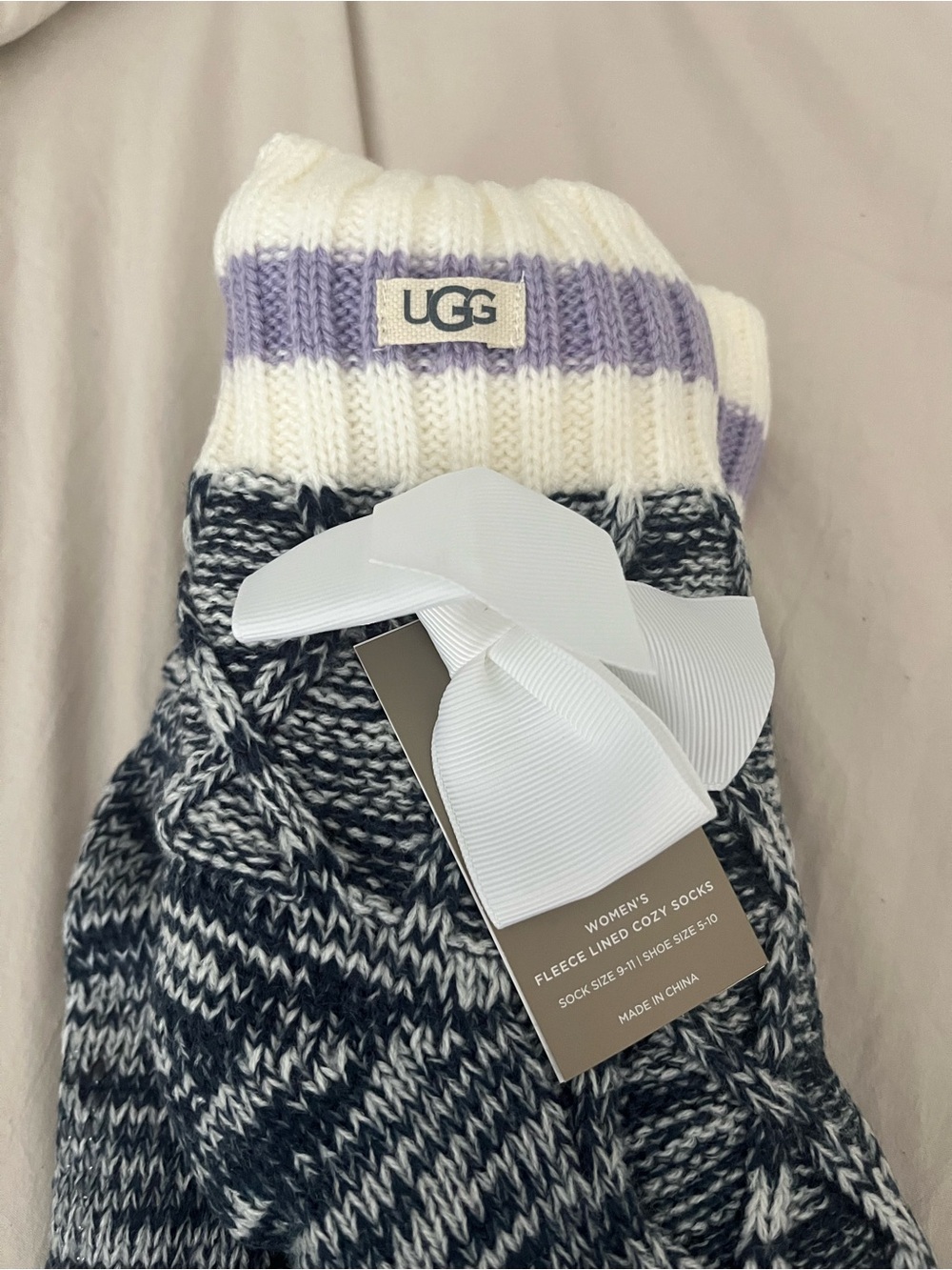 UGG Women's Knit Fleece-Lined Crew Socks in White, Lavender & Black